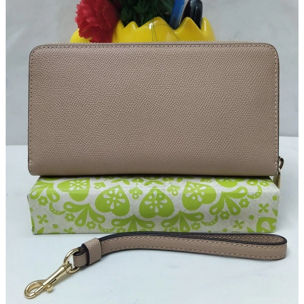 Coach Taupe Brown Crossgrain Leather Zip Around Credit Card Wallet - NWT $298